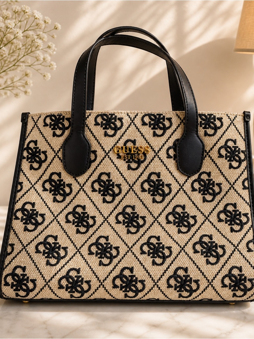 GUESS Silvana 2 Compartment Tote cream and black